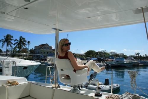 Britta enjoying her first moments on the Cat at New Providence